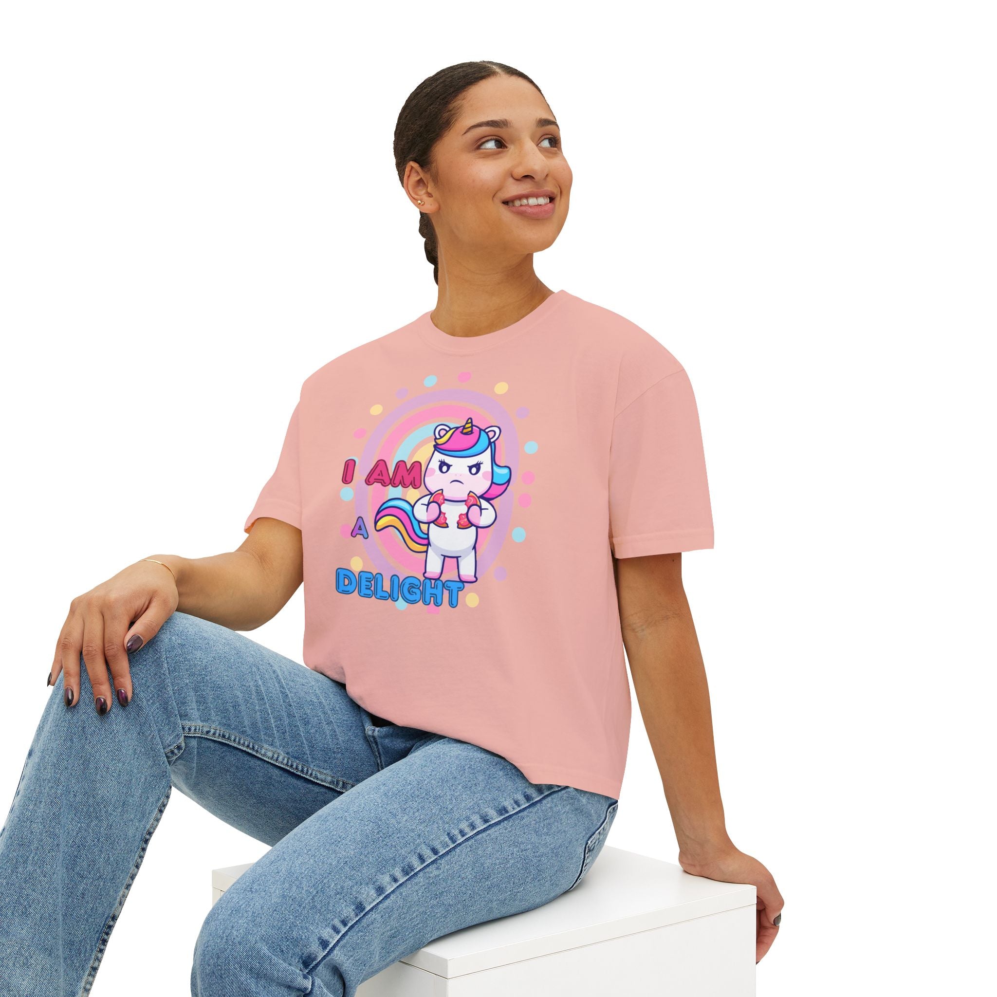 I Am Delight Unicorn Boxy Tee — Cute Rainbow Graphic Women’s Shirt