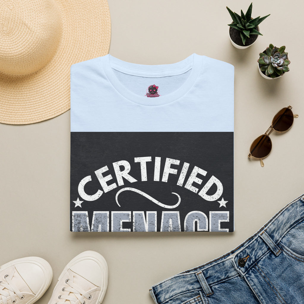 Certified Menace T-Shirt White Writing Black Background – Funny Retro Badge Graphic Tee