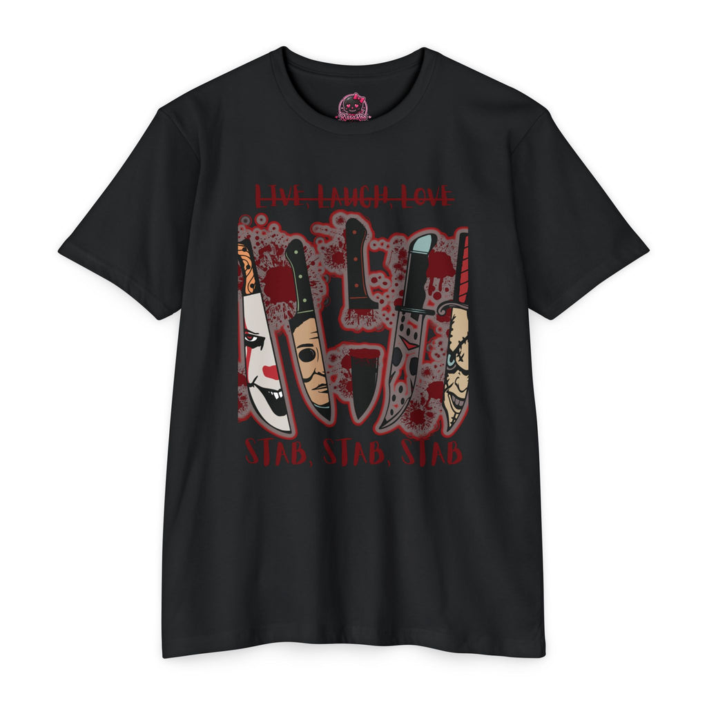 T‑Shirt — 'Live, Laugh, Love' Crossed Out with 'Stab, Stab, Stab' Graphic