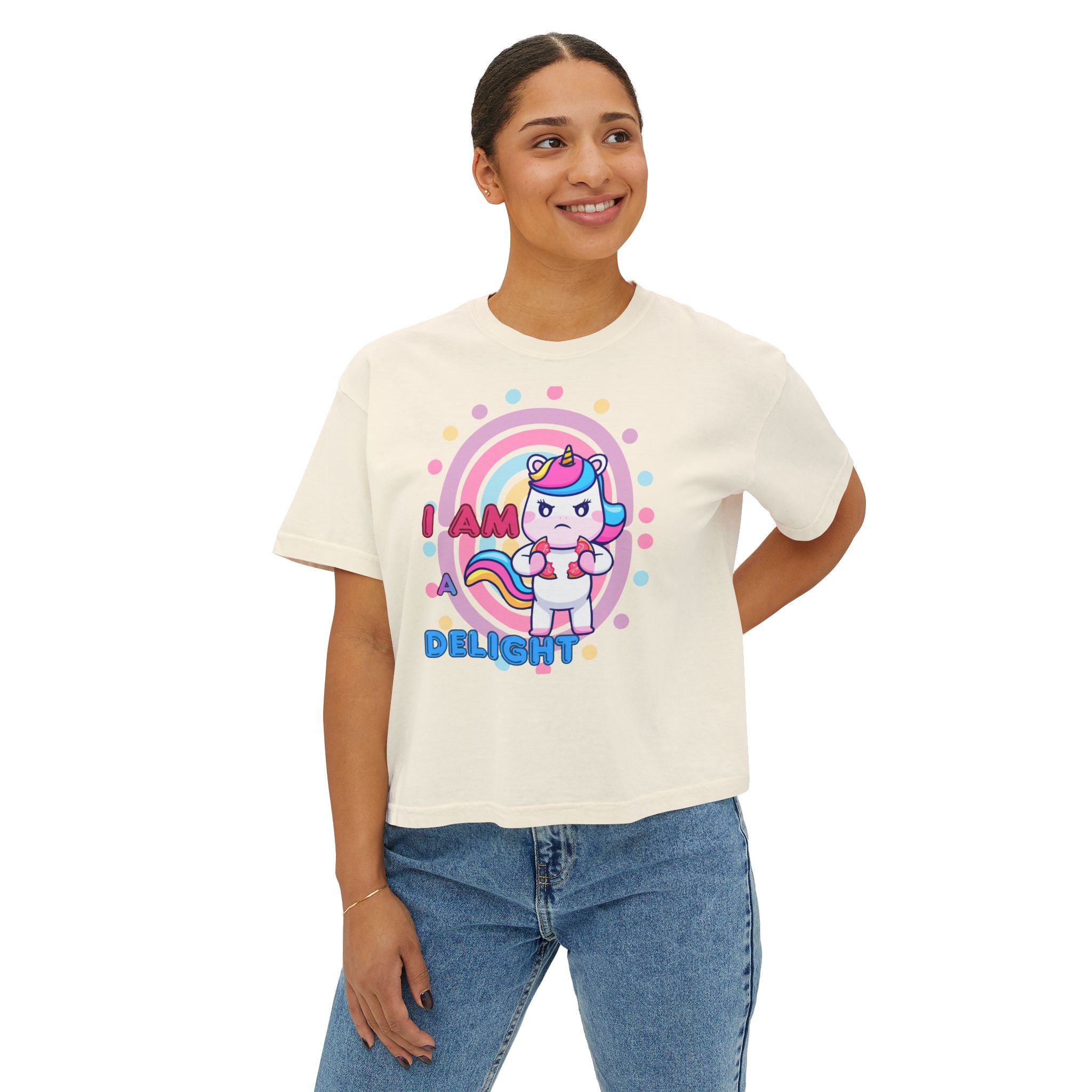 I Am Delight Unicorn Boxy Tee — Cute Rainbow Graphic Women’s Shirt