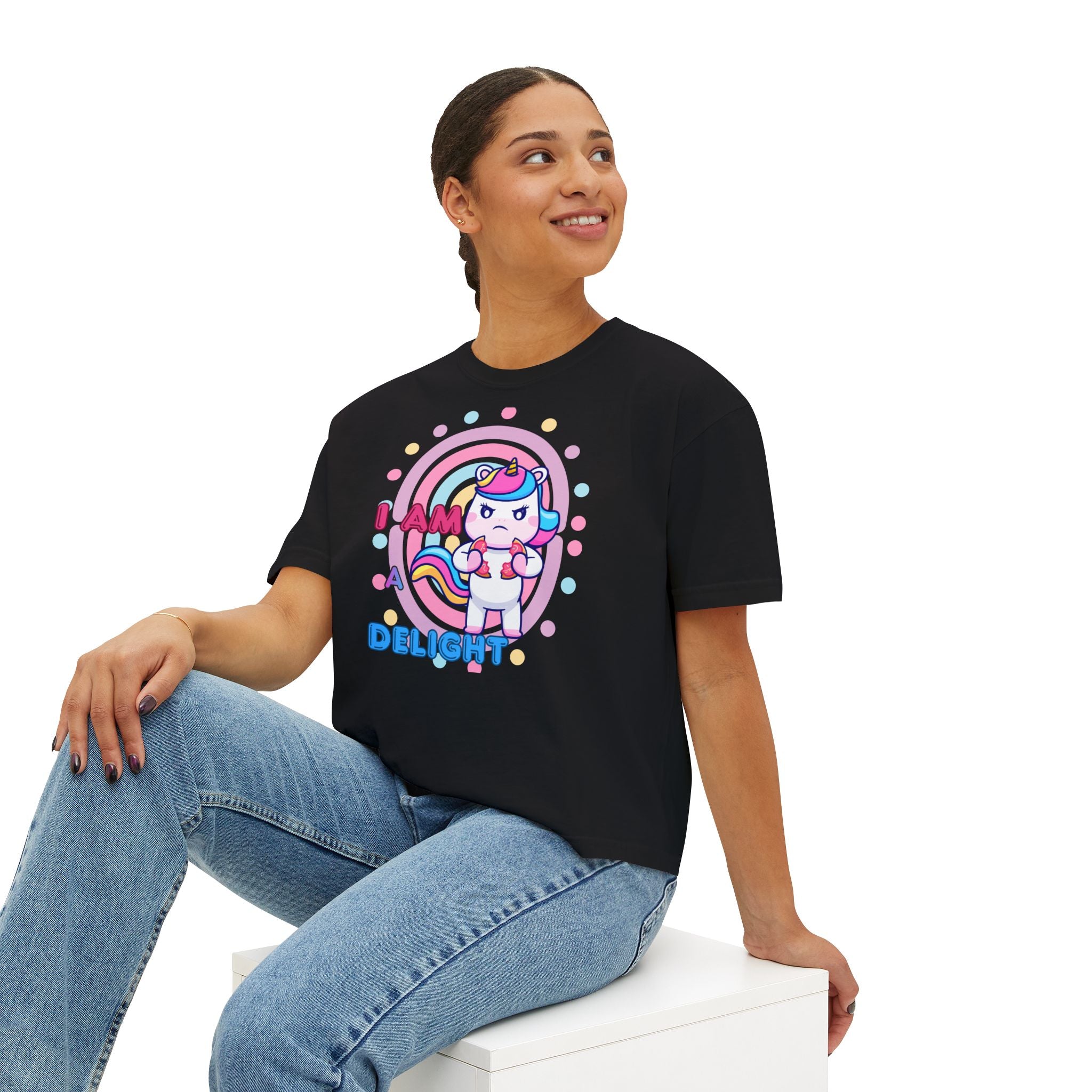 I Am Delight Unicorn Boxy Tee — Cute Rainbow Graphic Women’s Shirt
