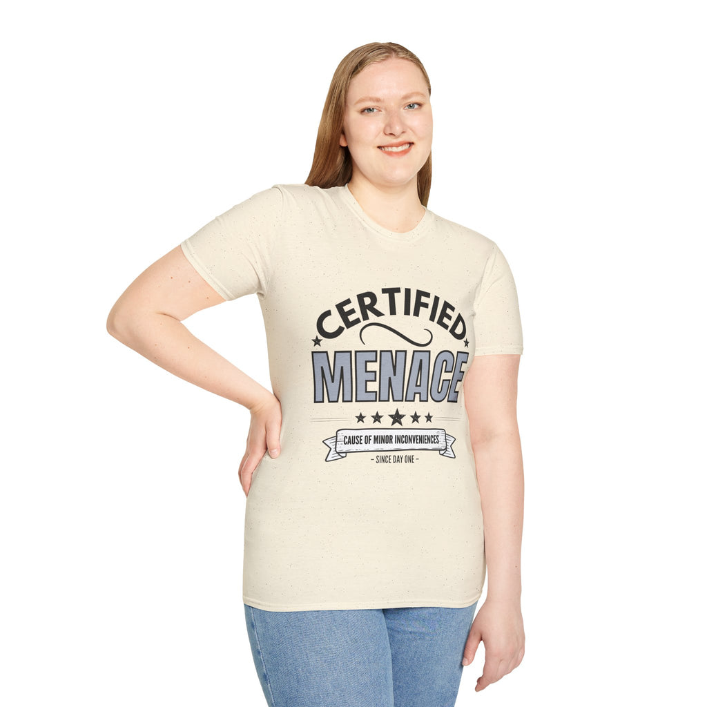 Certified Menace T-Shirt Black Writing — Funny Retro Badge Tee for Sarcastic Teens & Friends