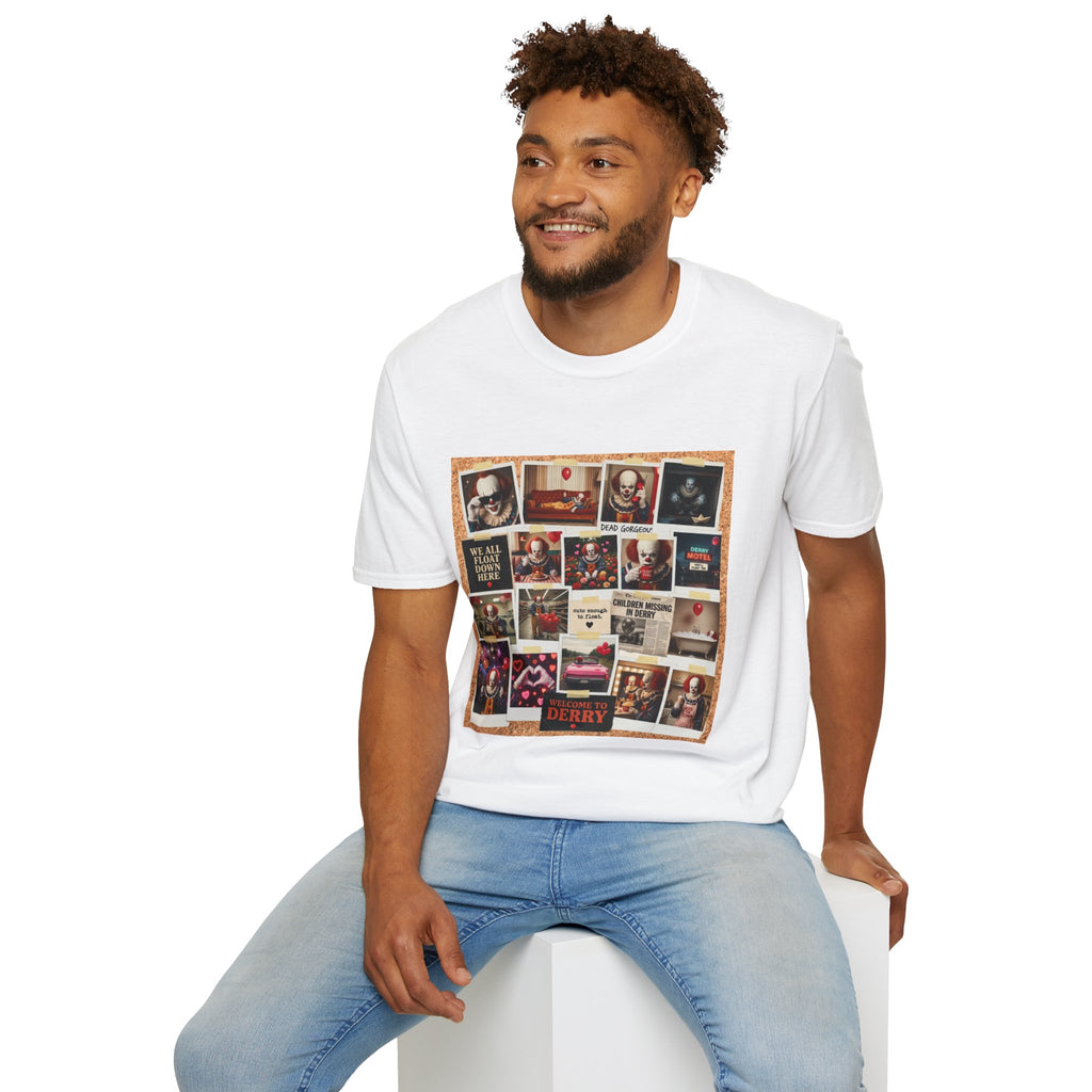Horror Movie Clown Collage T‑Shirt — 'We All Float Down Here' Vintage Poster Tee