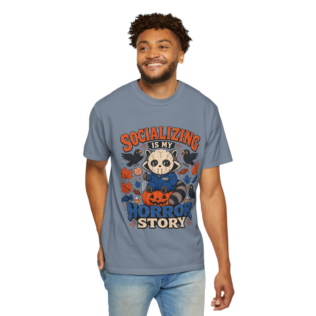 Halloween Tee "Socializing Is My Horror Story" Jason Raccoon