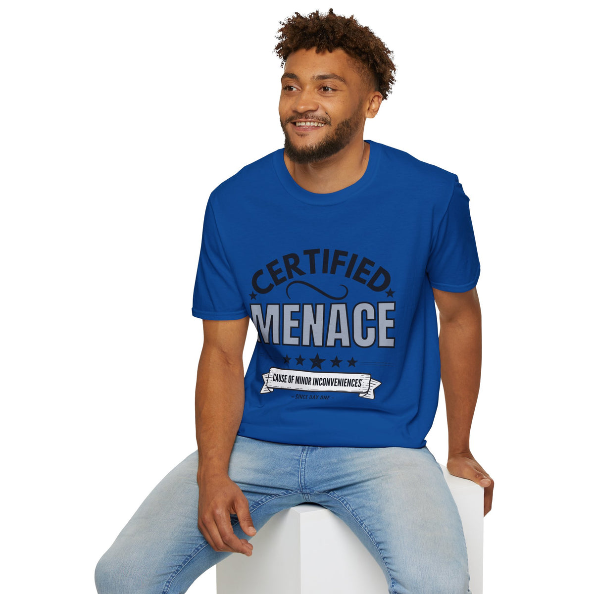 Certified Menace T-Shirt Black Writing — Funny Retro Badge Tee for Sarcastic Teens & Friends