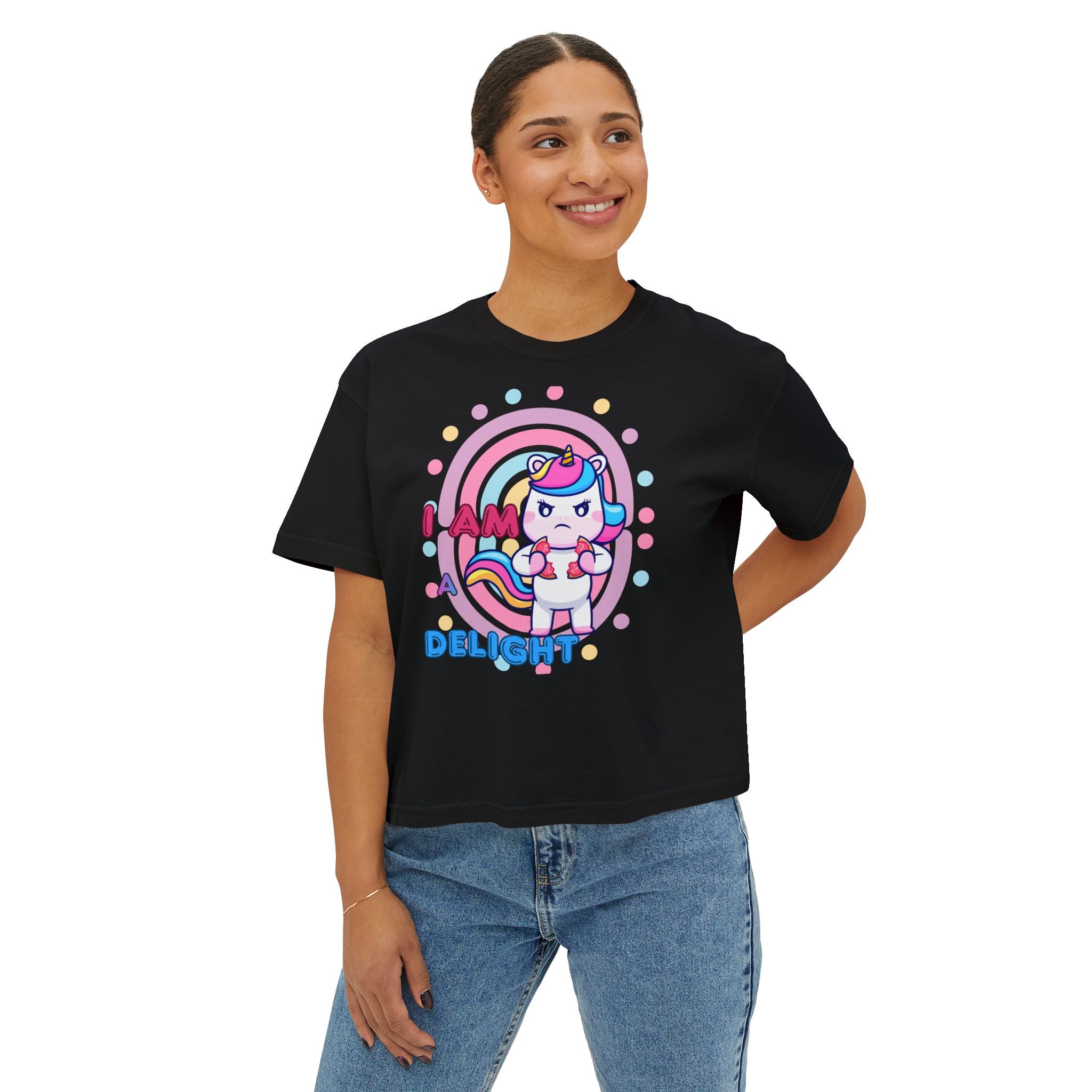 I Am Delight Unicorn Boxy Tee — Cute Rainbow Graphic Women’s Shirt