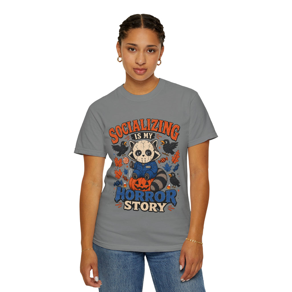 Halloween Tee "Socializing Is My Horror Story" Jason Raccoon