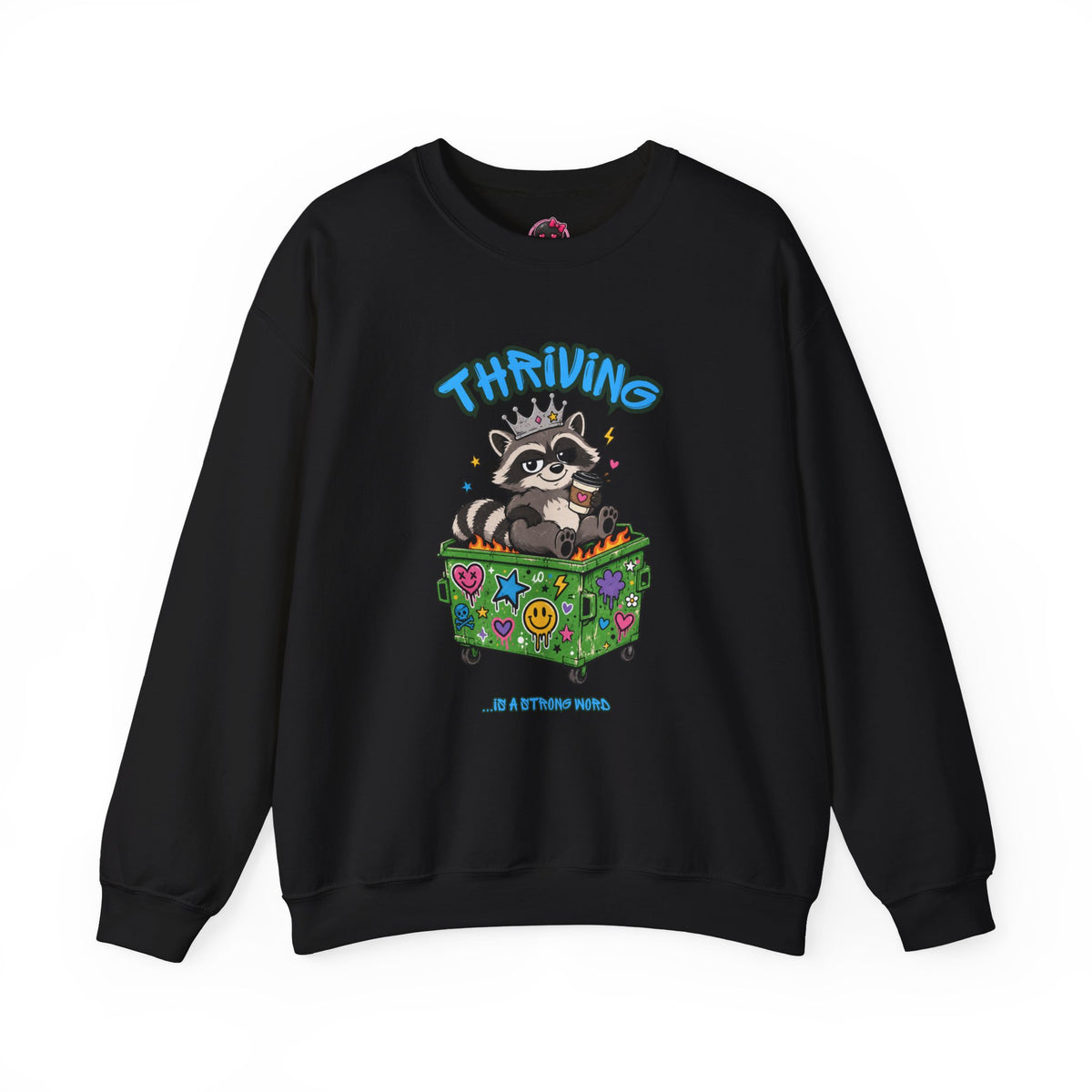 Thriving Raccoon Crewneck Sweatshirt — "Thriving" Cute Raccoon in Colorful Box Graphic