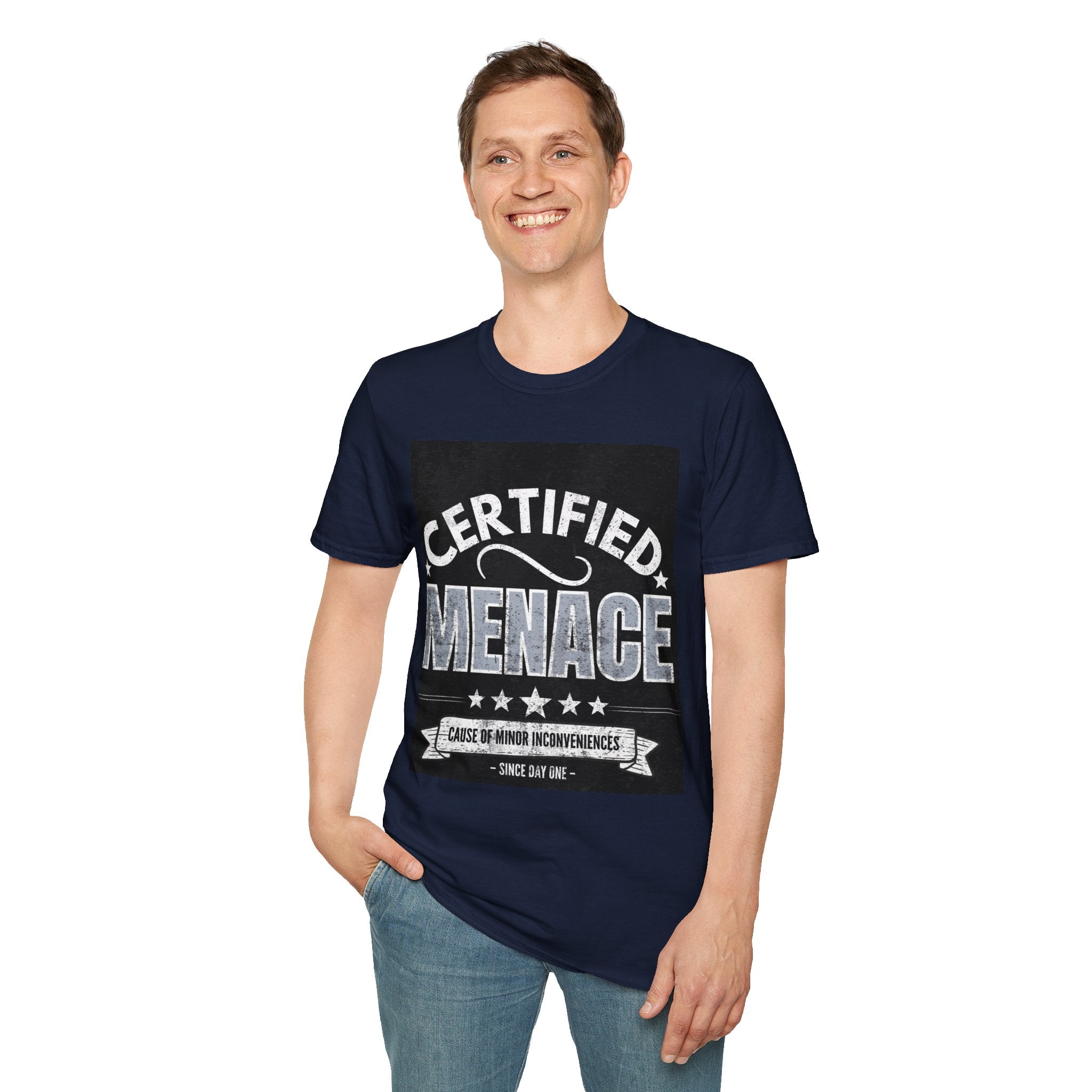 Certified Menace T-Shirt White Writing Black Background – Funny Retro Badge Graphic Tee