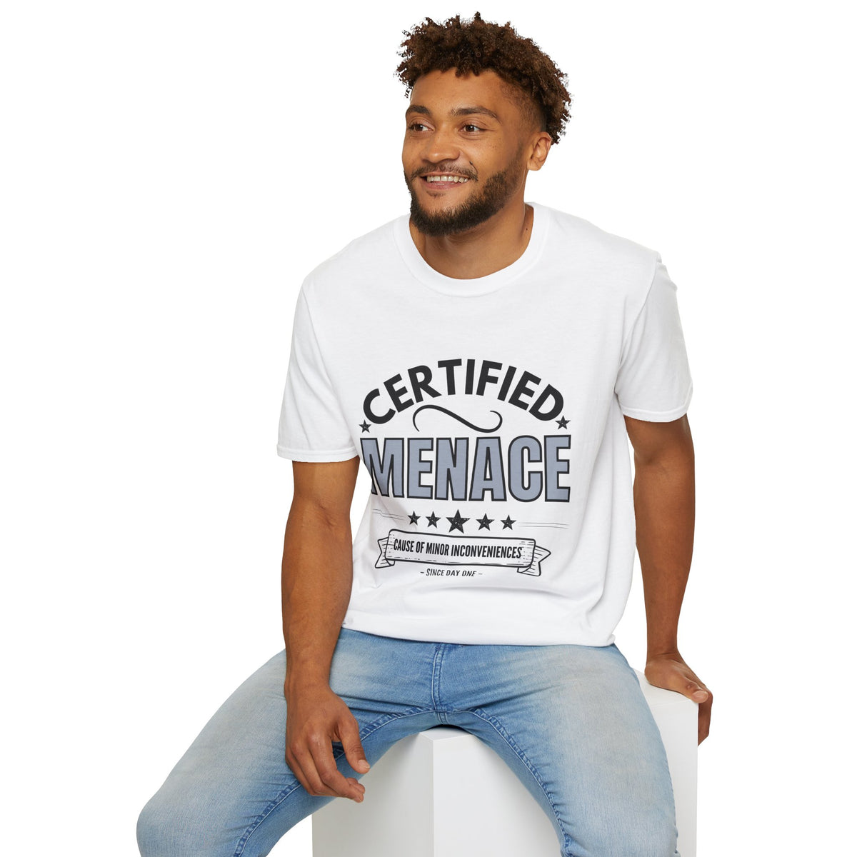 Certified Menace T-Shirt Black Writing — Funny Retro Badge Tee for Sarcastic Teens & Friends