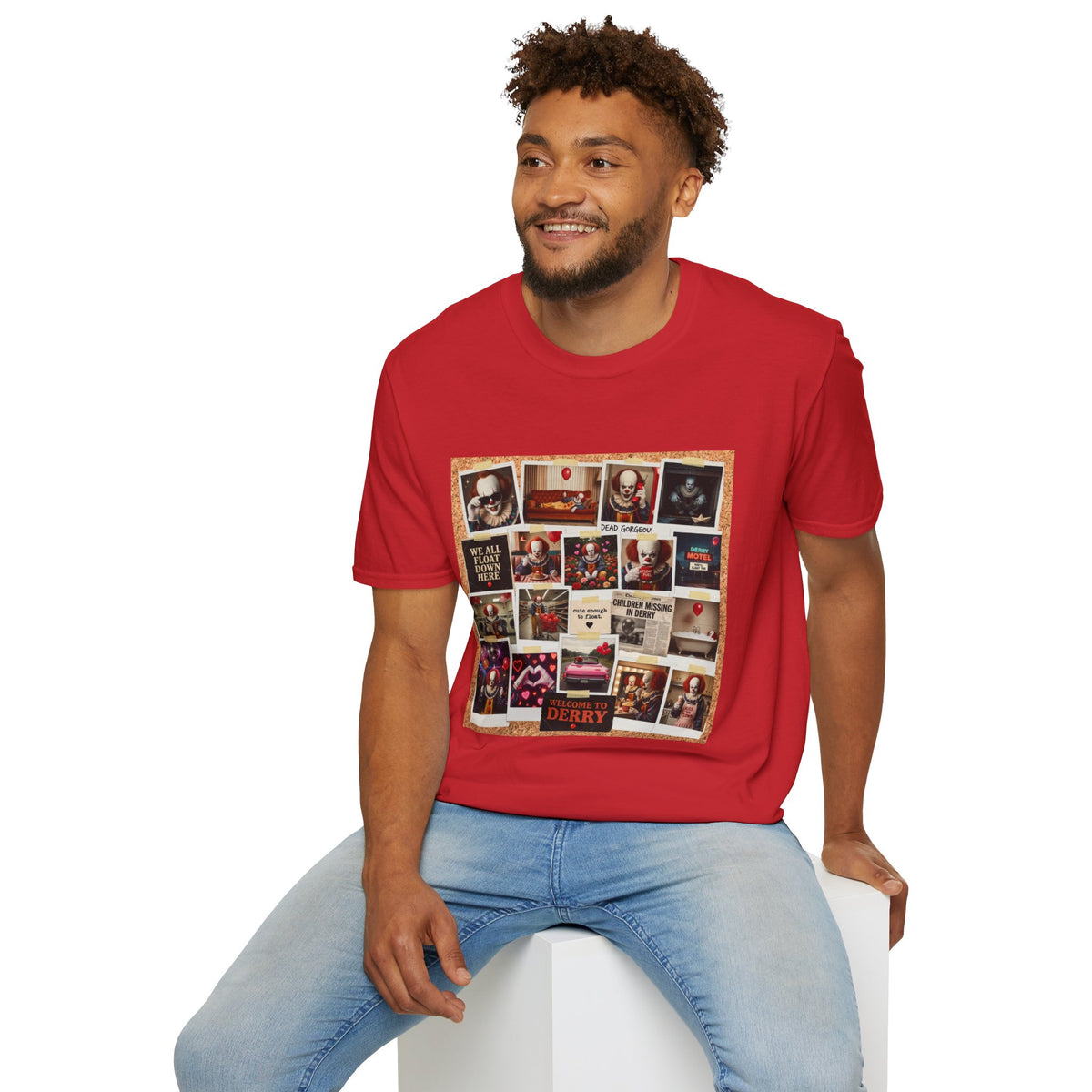 Horror Movie Clown Collage T‑Shirt — 'We All Float Down Here' Vintage Poster Tee