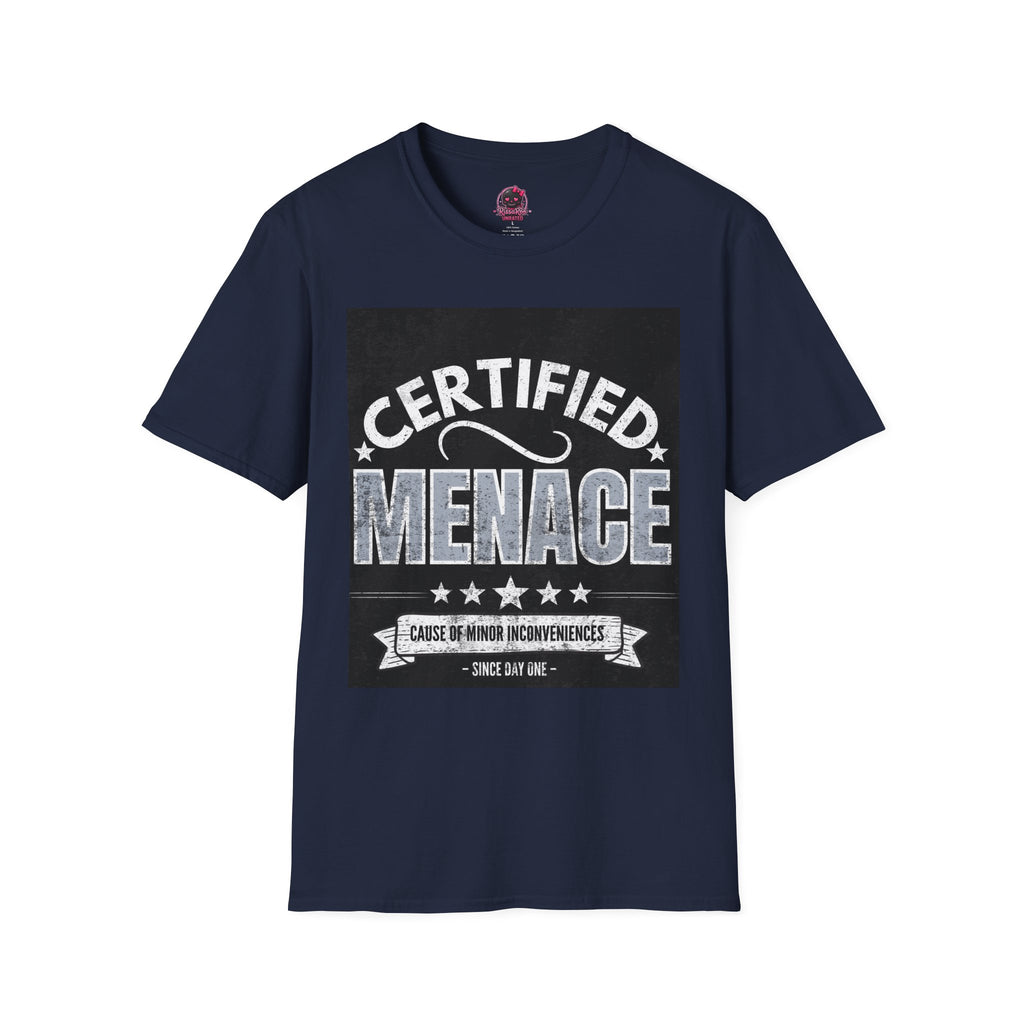 Certified Menace T-Shirt White Writing Black Background – Funny Retro Badge Graphic Tee