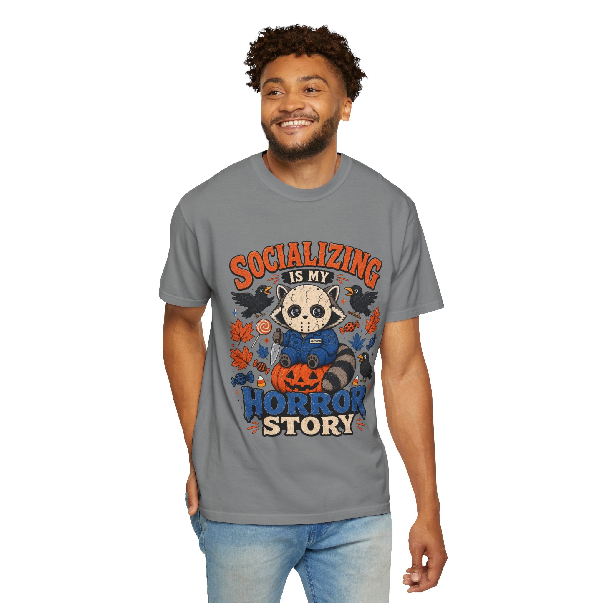 Halloween Tee "Socializing Is My Horror Story" Jason Raccoon