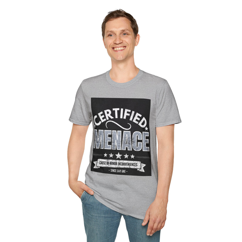 Certified Menace T-Shirt White Writing Black Background – Funny Retro Badge Graphic Tee