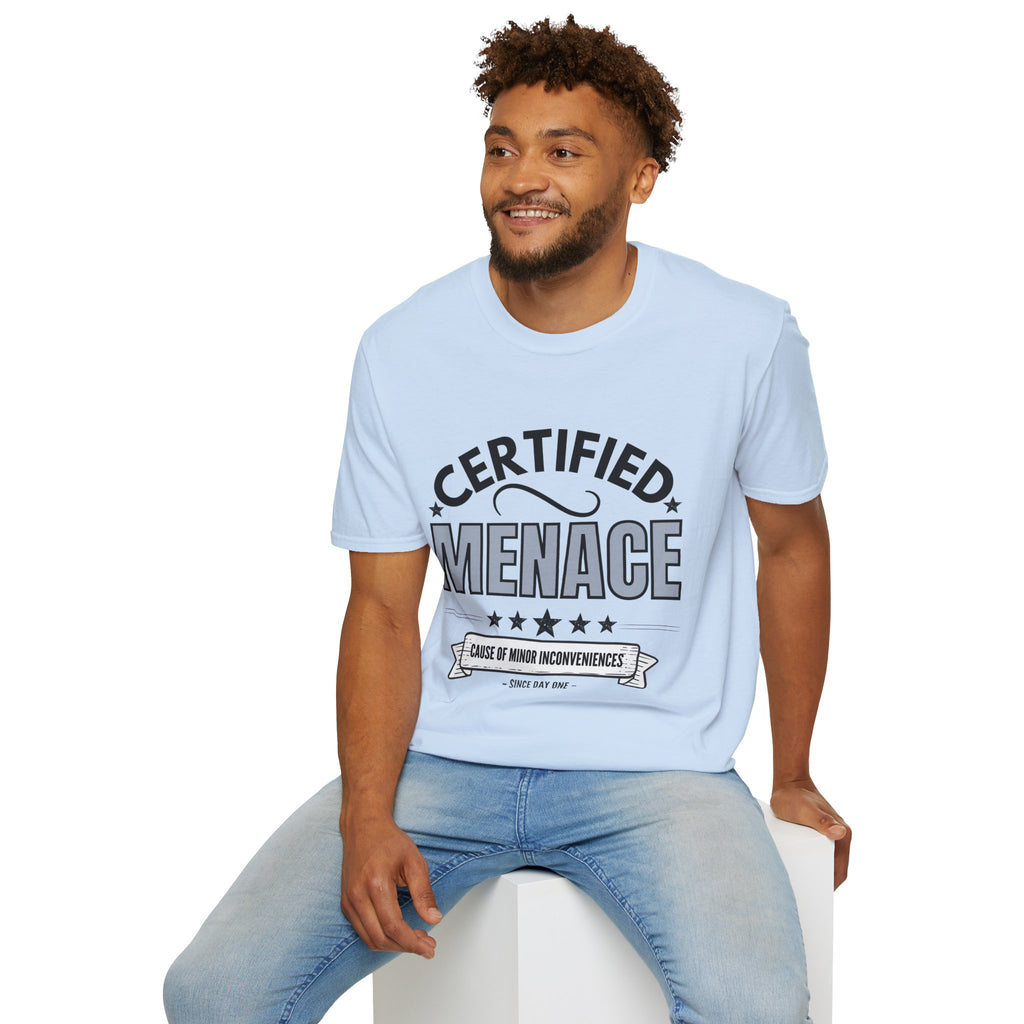 Certified Menace T-Shirt Black Writing — Funny Retro Badge Tee for Sarcastic Teens & Friends
