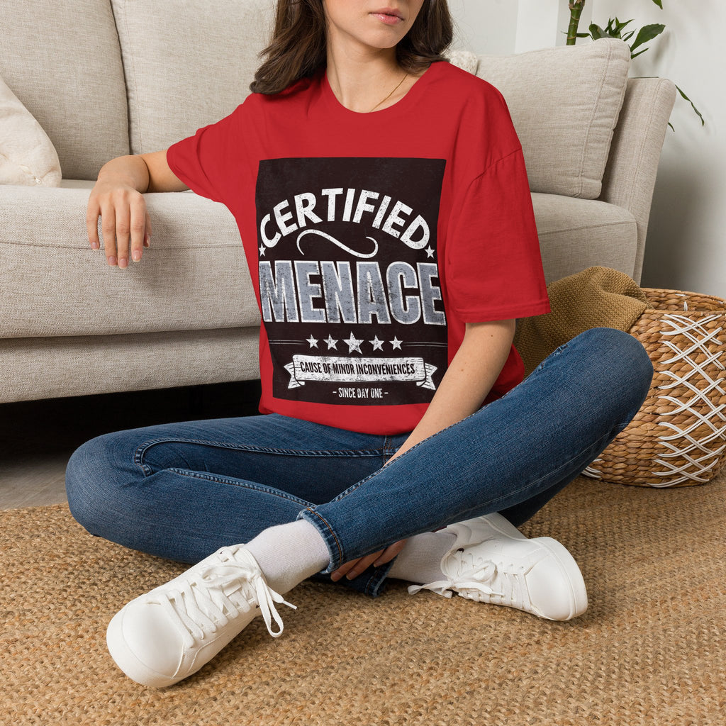 Certified Menace T-Shirt White Writing Black Background – Funny Retro Badge Graphic Tee