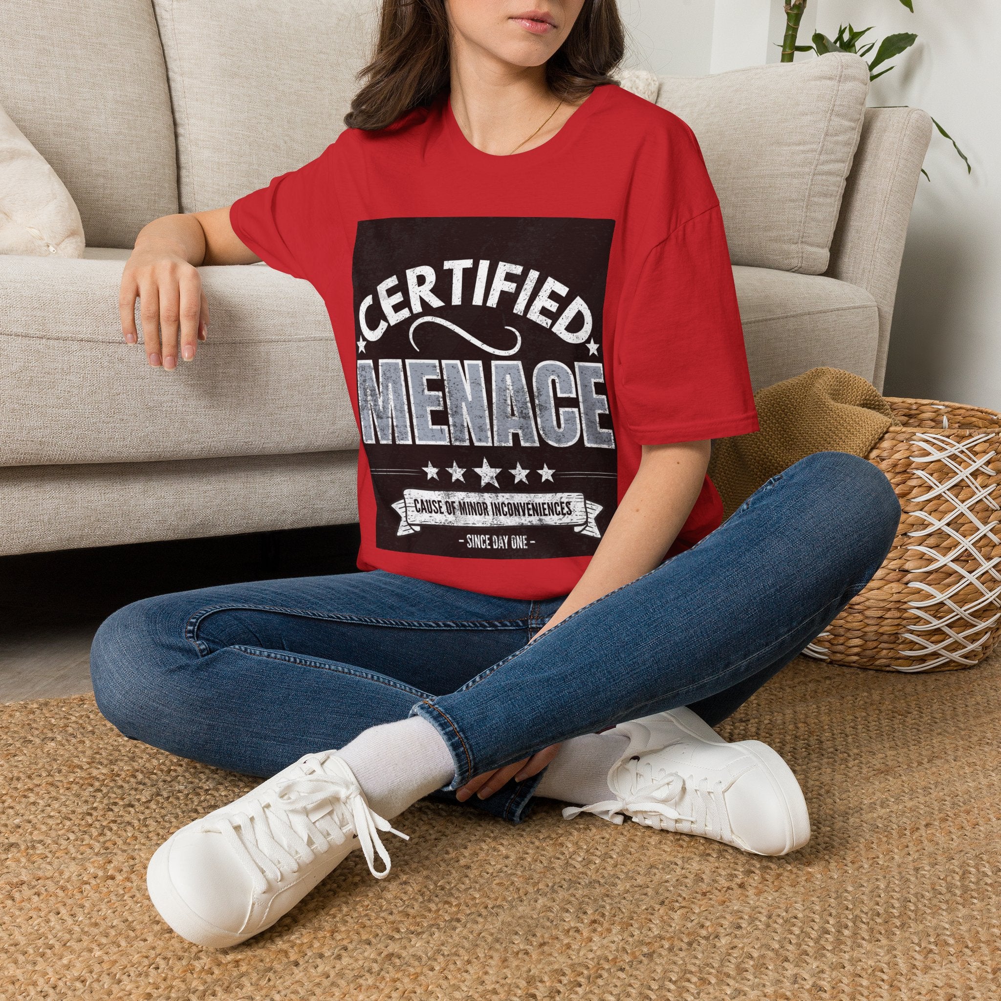 Certified Menace T-Shirt White Writing Black Background – Funny Retro Badge Graphic Tee