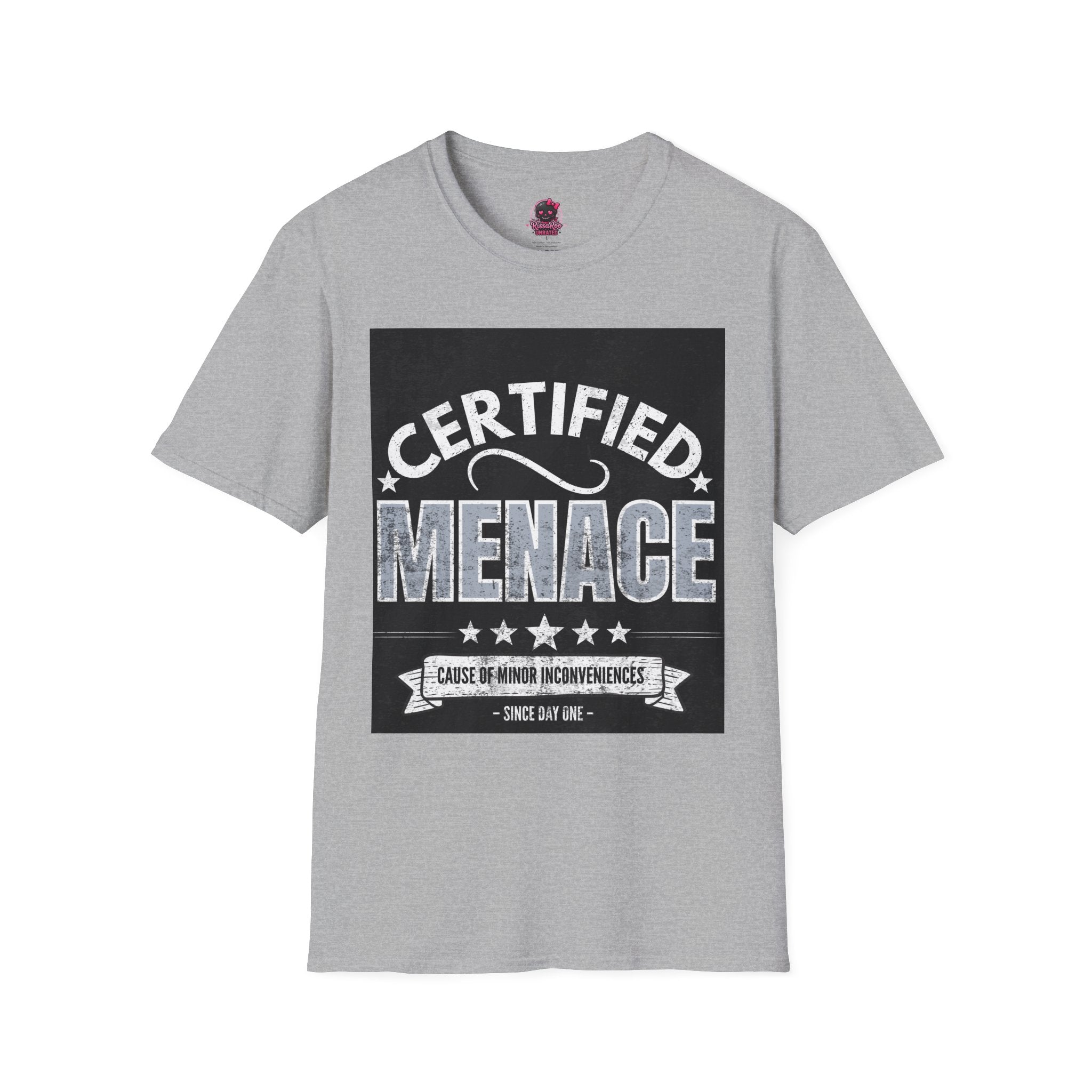 Certified Menace T-Shirt White Writing Black Background – Funny Retro Badge Graphic Tee