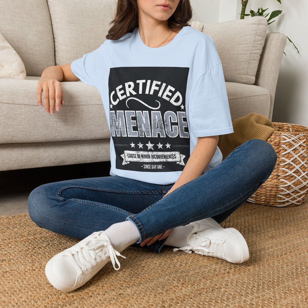 Certified Menace T-Shirt White Writing Black Background – Funny Retro Badge Graphic Tee