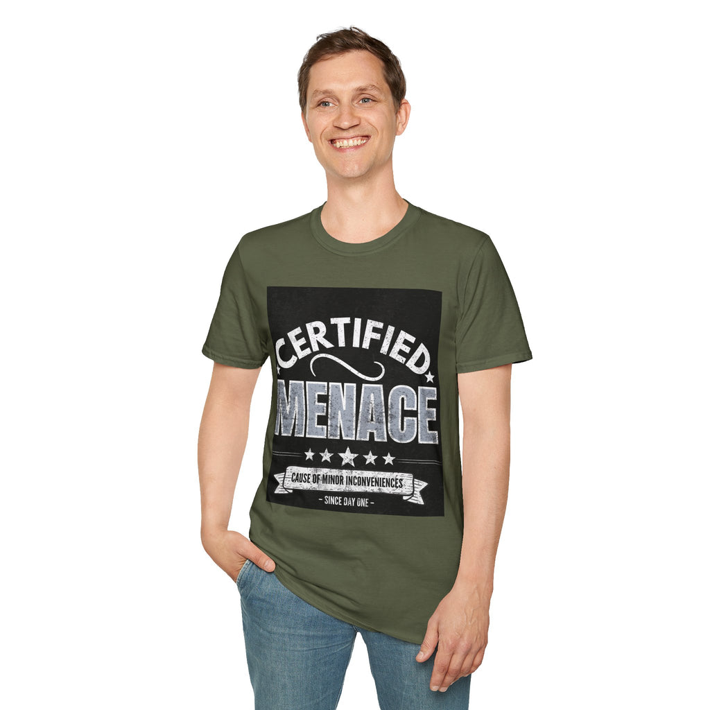 Certified Menace T-Shirt White Writing Black Background – Funny Retro Badge Graphic Tee