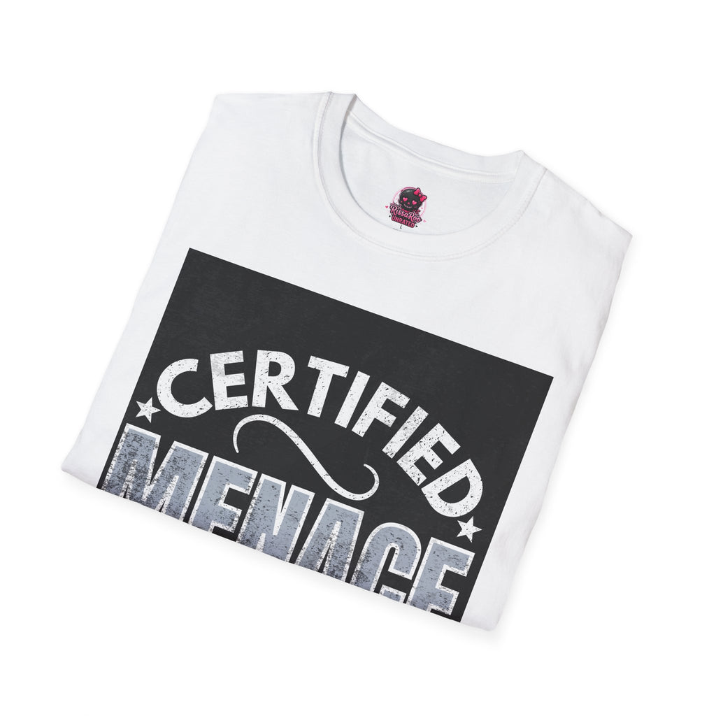 Certified Menace T-Shirt White Writing Black Background – Funny Retro Badge Graphic Tee