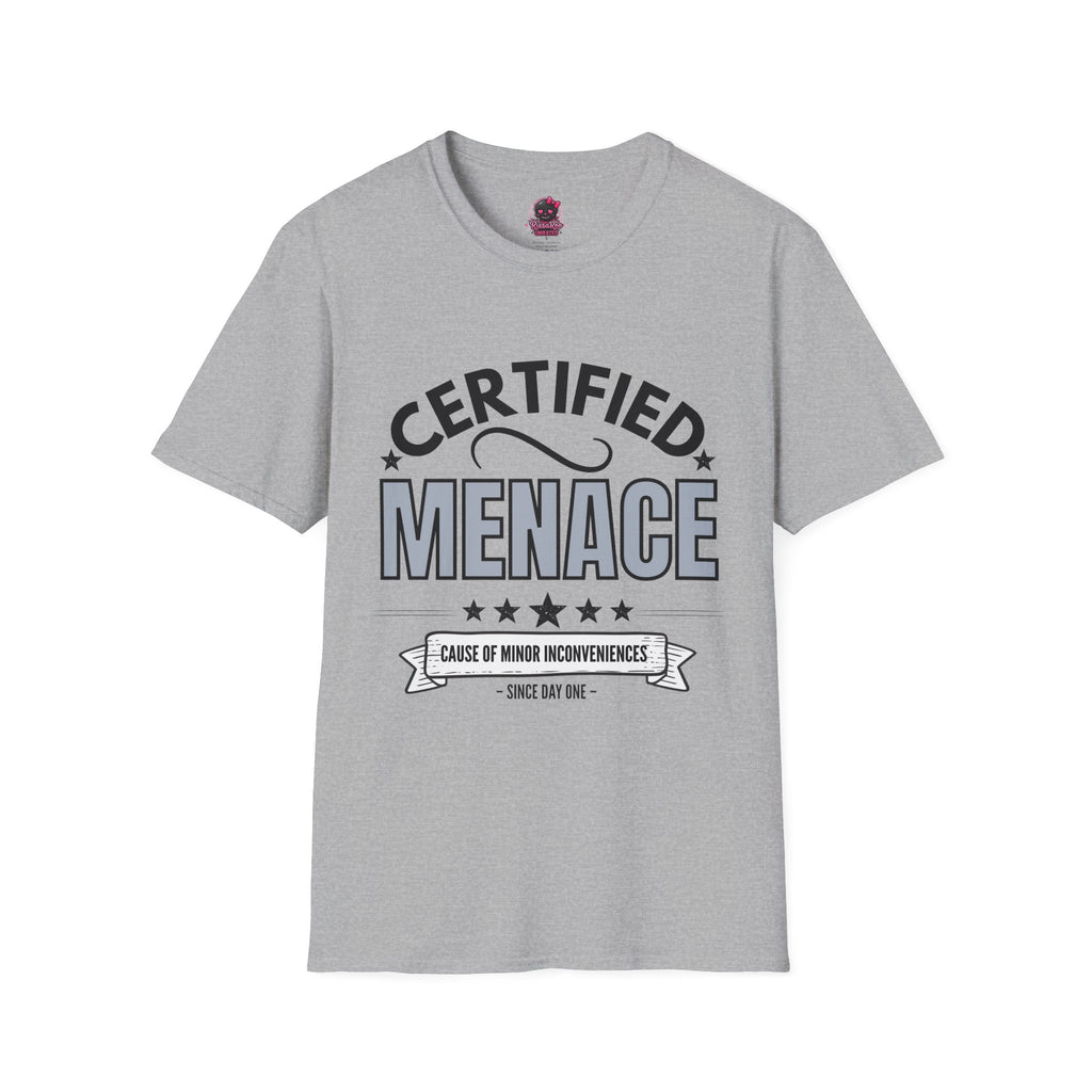 Certified Menace T-Shirt Black Writing — Funny Retro Badge Tee for Sarcastic Teens & Friends