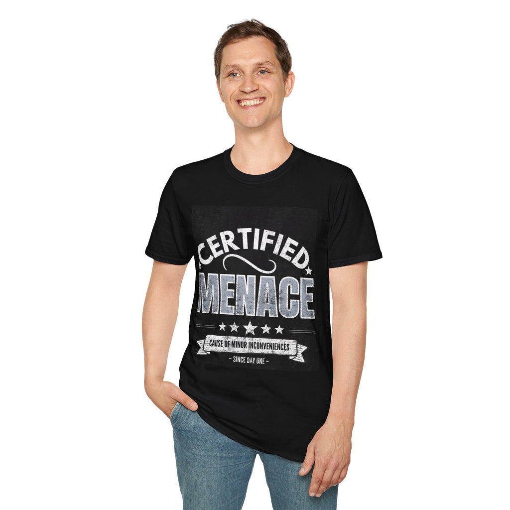 Certified Menace T-Shirt White Writing Black Background – Funny Retro Badge Graphic Tee