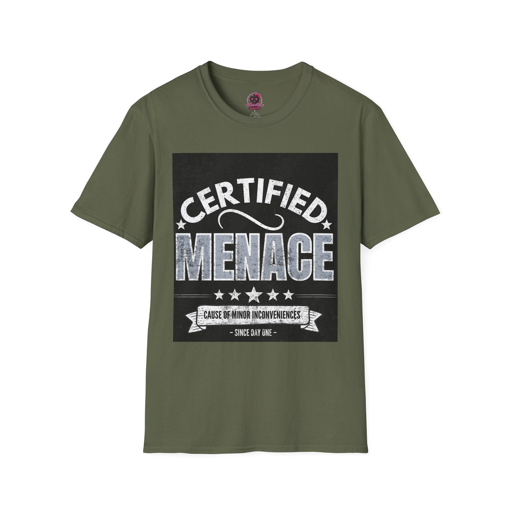 Certified Menace T-Shirt White Writing Black Background – Funny Retro Badge Graphic Tee