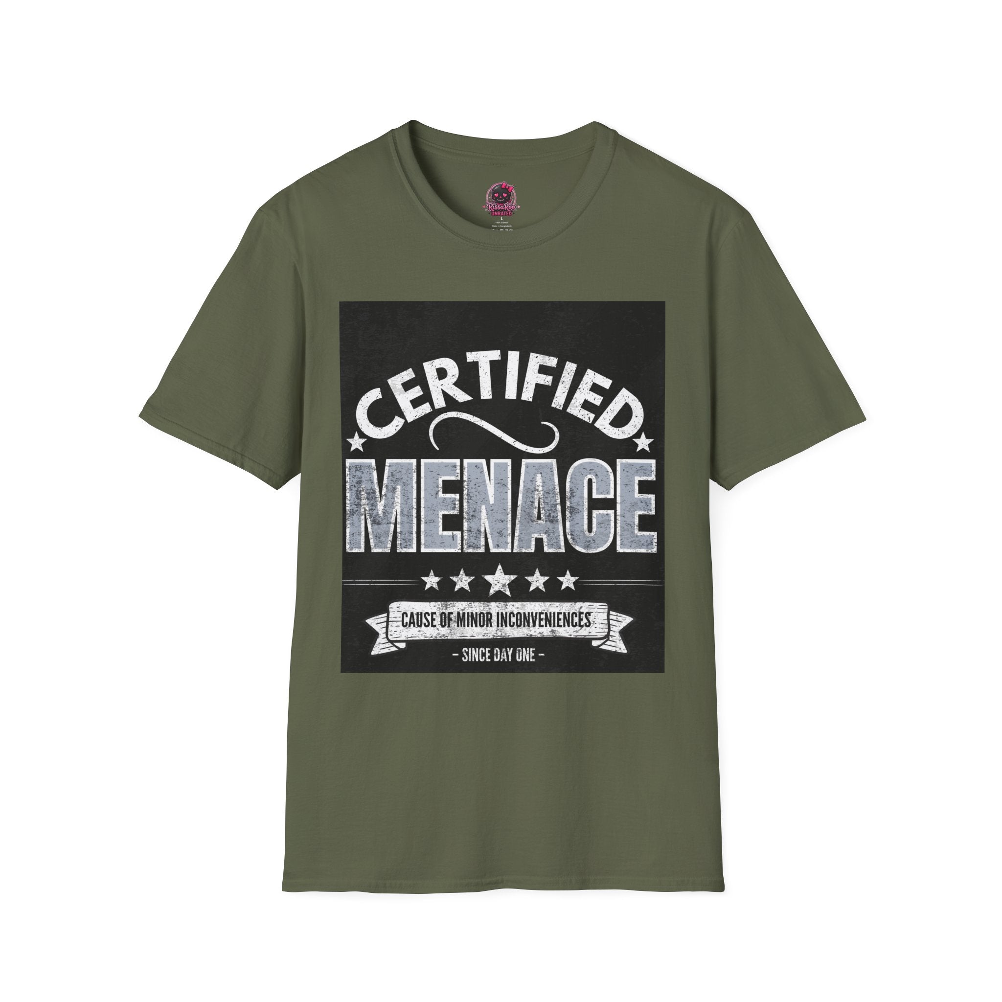 Certified Menace T-Shirt White Writing Black Background – Funny Retro Badge Graphic Tee