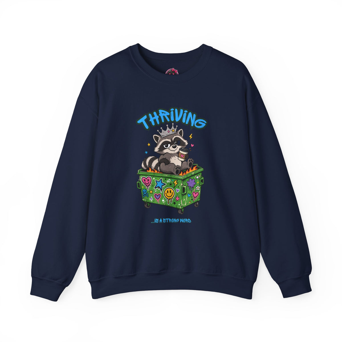Thriving Raccoon Crewneck Sweatshirt — "Thriving" Cute Raccoon in Colorful Box Graphic