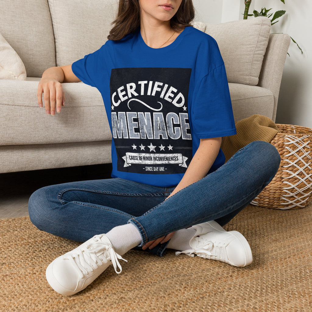 Certified Menace T-Shirt White Writing Black Background – Funny Retro Badge Graphic Tee
