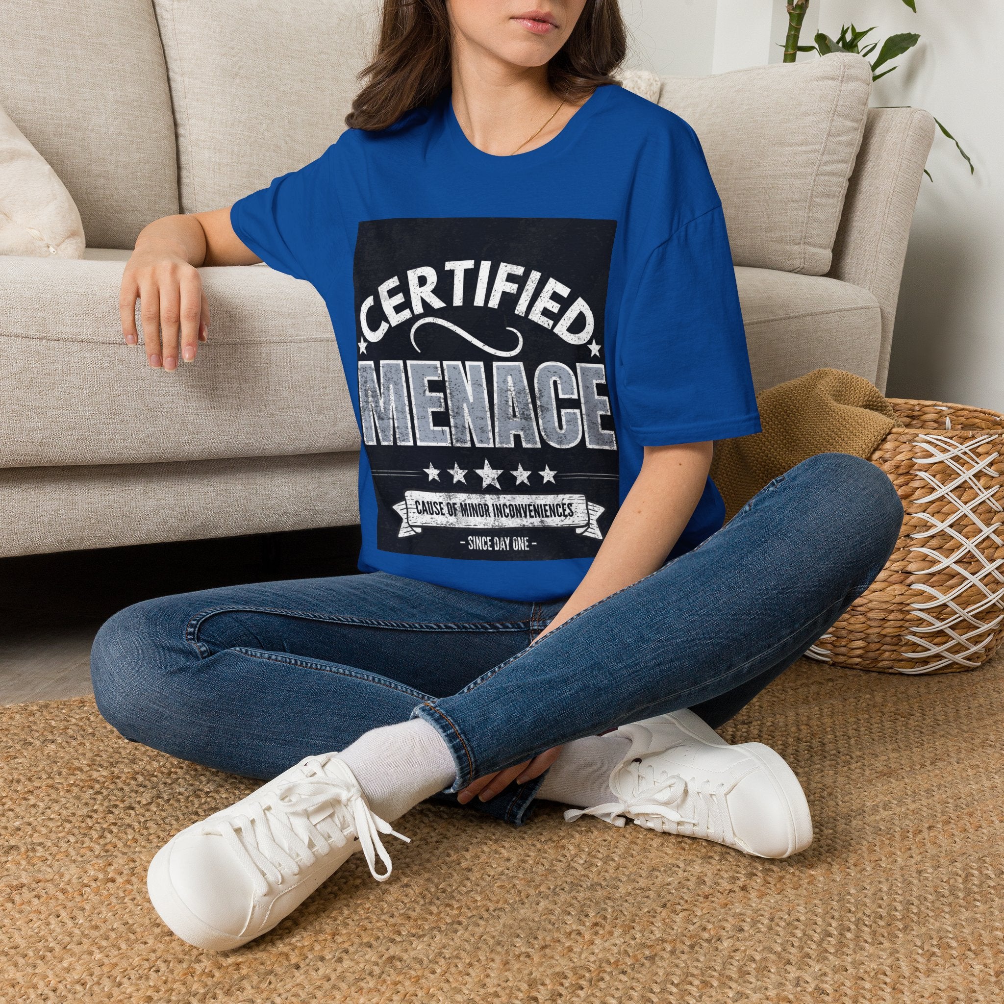 Certified Menace T-Shirt White Writing Black Background – Funny Retro Badge Graphic Tee