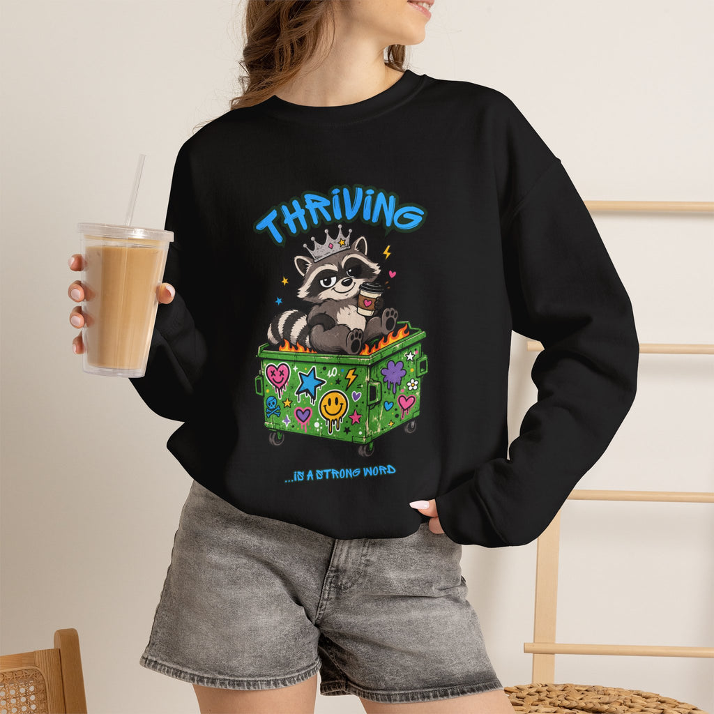 Thriving Raccoon Crewneck Sweatshirt — "Thriving" Cute Raccoon in Colorful Box Graphic