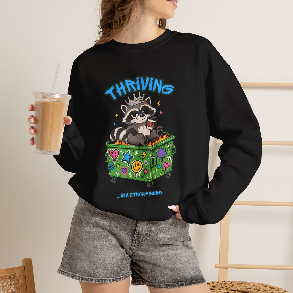 Thriving Raccoon Crewneck Sweatshirt — "Thriving" Cute Raccoon in Colorful Box Graphic
