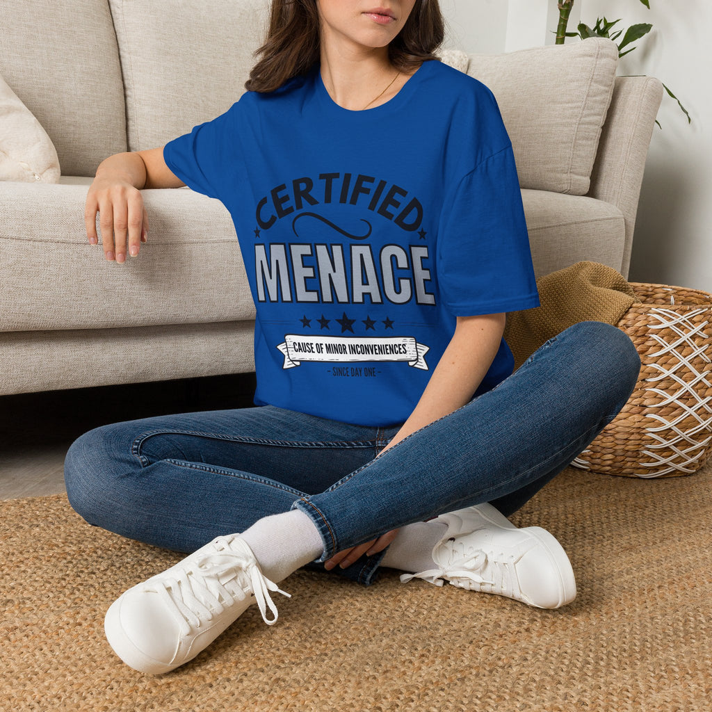 Certified Menace T-Shirt Black Writing — Funny Retro Badge Tee for Sarcastic Teens & Friends