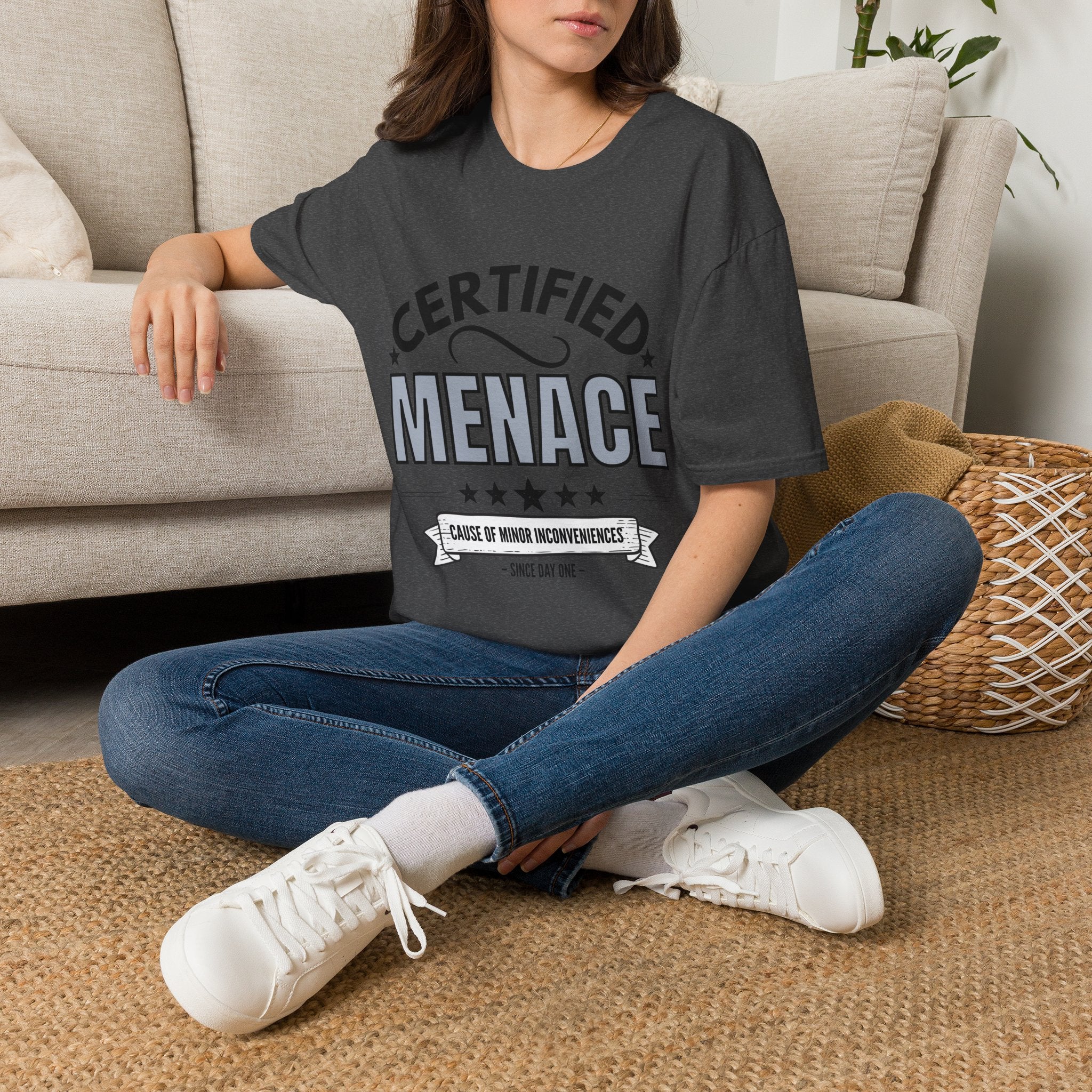 Certified Menace T-Shirt Black Writing — Funny Retro Badge Tee for Sarcastic Teens & Friends