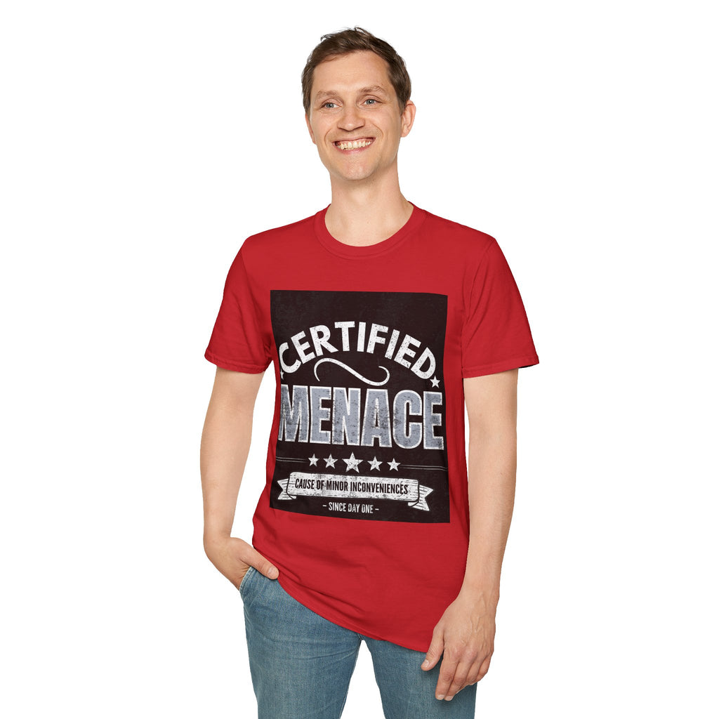 Certified Menace T-Shirt White Writing Black Background – Funny Retro Badge Graphic Tee