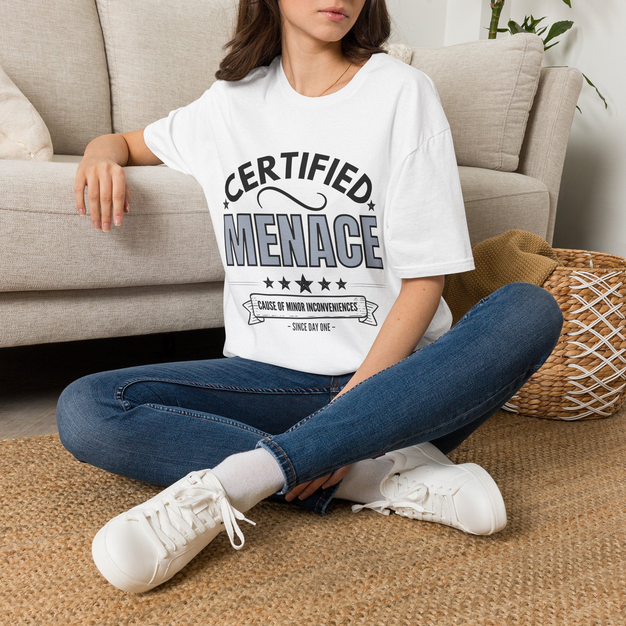 Certified Menace T-Shirt Black Writing — Funny Retro Badge Tee for Sarcastic Teens & Friends